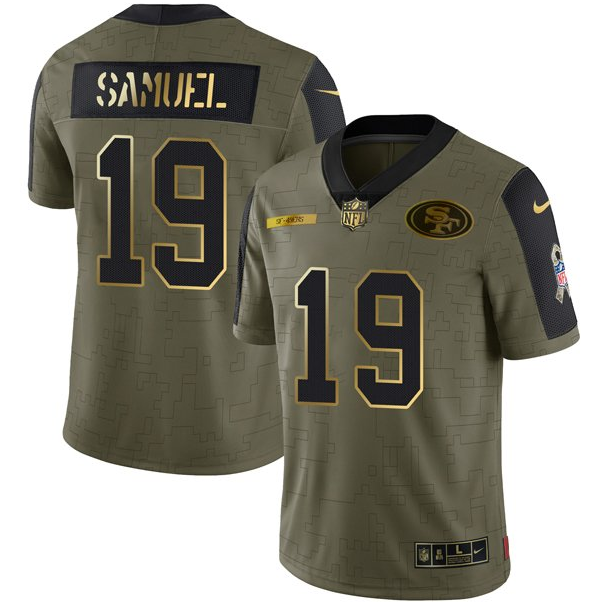 Men's San Francisco 49ers #19 Deebo Samuel 2021 Olive Salute To Service Golden Limited Stitched Jersey